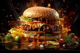 Hamburgers are taking off and bouncing up in the air. In the form of surreal, highly detailed , Generative Ai
