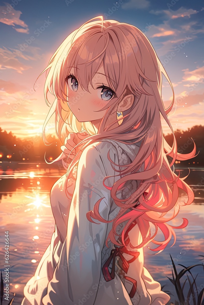 Obraz premium A girl with a white top and pink hair stands in front of a lake anime ,AI illustration, digital, virtual, generative.