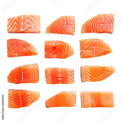 Set of raw salmon fillet on transparent background Remove png created with Generative AI, Clipping Path