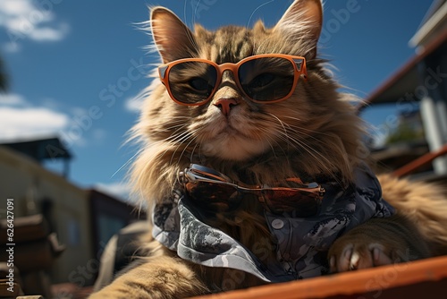 a cat with fashion sunglasses is lying On the roof, wide angle view, full-body ,AI illustration, digital, virtual, generative