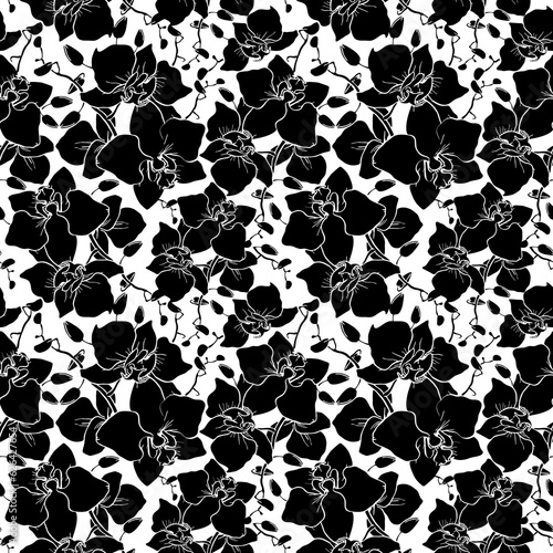 seamless pattern of large black silhouettes of orchids on a white background, texture, design