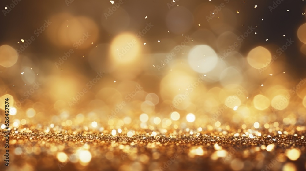 Fototapeta premium golden christmas particles and sprinkles for a holiday celebration like christmas or new year. shiny golden lights. wallpaper background for ads or gifts wrap and web design. Generative AI