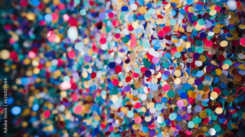 background of colorful flying paper shiny round confetti for a holiday celebration party. particles everywhere. wallpaper background for ads and gifts wraps. Generative AI