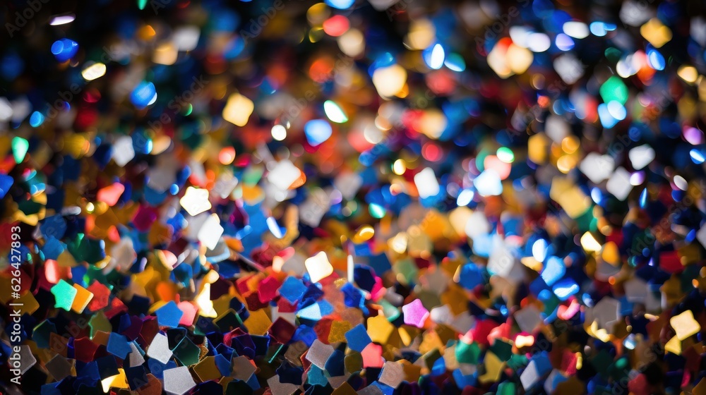background of colorful laying on black surface ground paper shiny confetti for a holiday celebration party. particles everywhere. wallpaper background for ads and gifts wraps. Generative AI background of colorful laying on black surface ground paper shiny confetti for a holiday celebration party. particles everywhere. wallpaper background for ads and gifts wraps. Generative AI