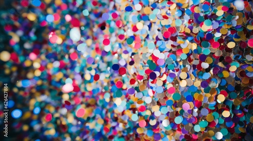 background of colorful flying paper shiny round confetti for a holiday celebration party. particles everywhere. wallpaper background for ads and gifts wraps. Generative AI