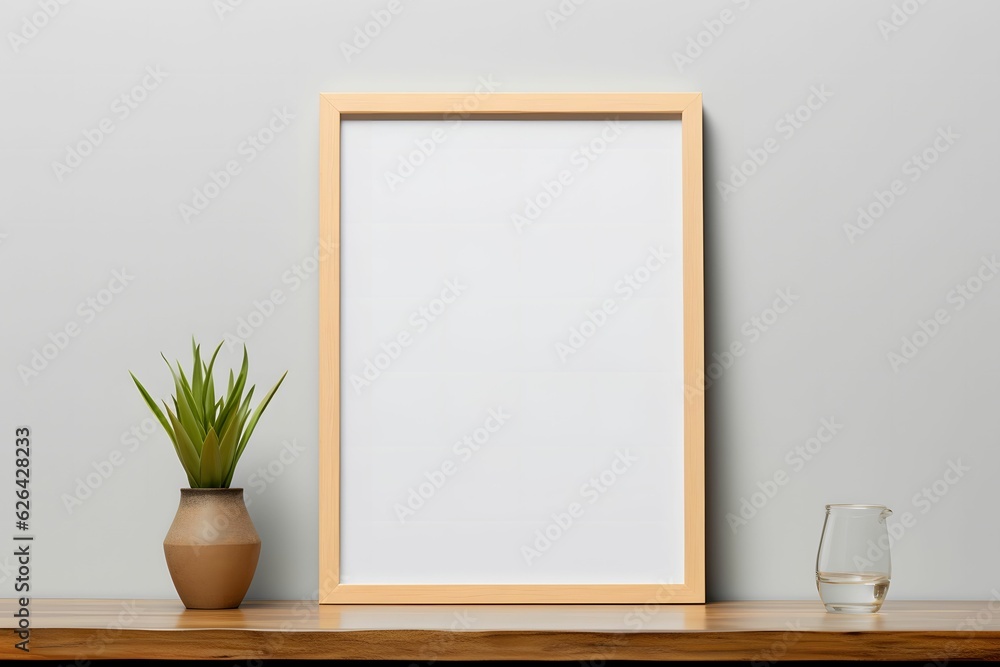 Wooden Photo Frame Mockup on the wooden table with plant on vase and grey wall background Wooden Photo Frame Mockup on the wooden table with plant on vase and grey wall background