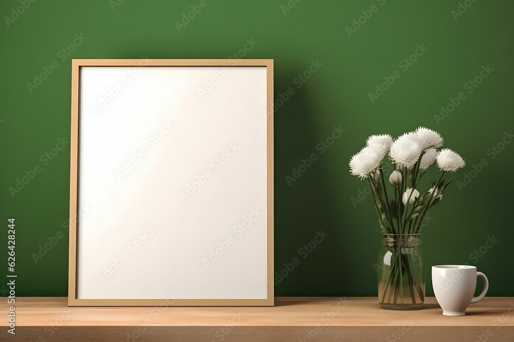 Blank  Empty Photo Frame Mockup on the table with decorative plant on vase , green wall background 