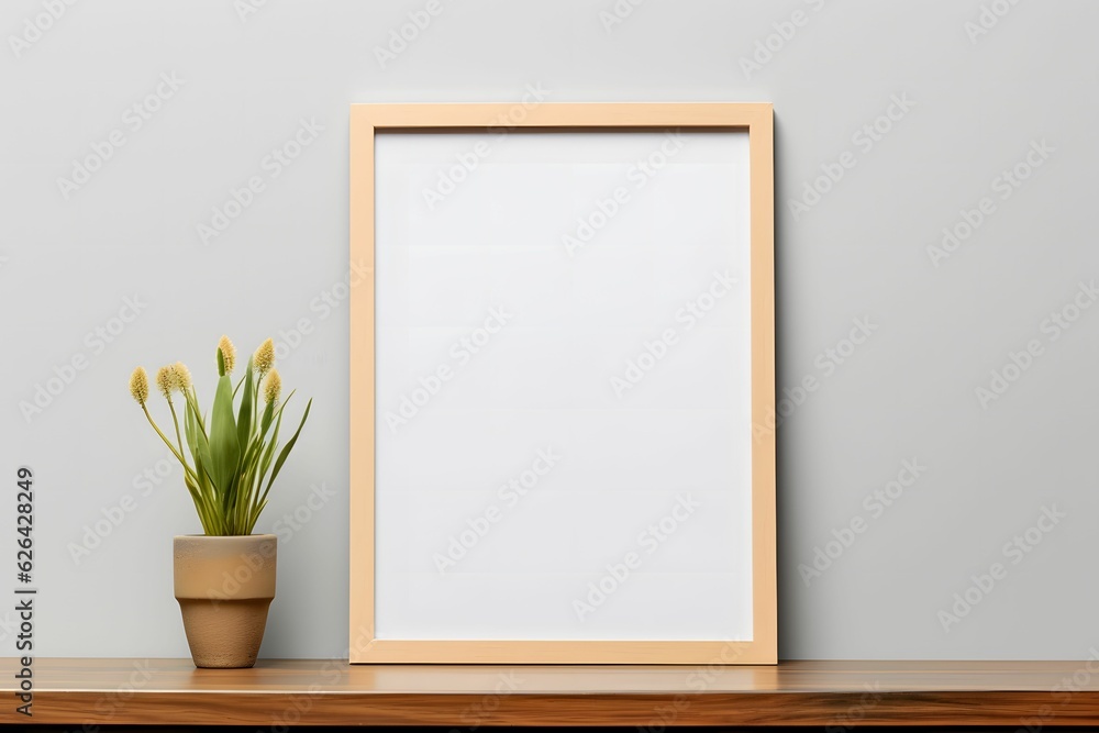 Wooden Photo Frame Mockup on the wooden table with plant on vase and grey wall background Wooden Photo Frame Mockup on the wooden table with plant on vase and grey wall background