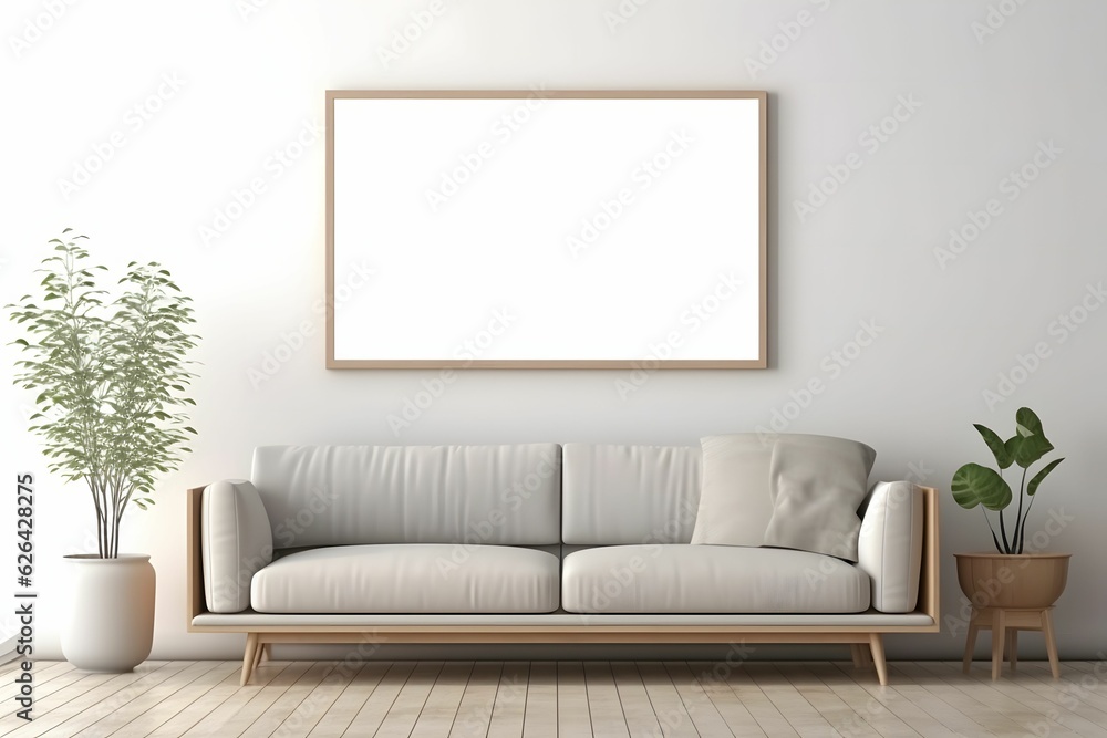 Photo Frame Mockup on the grey wall with grey modern sofa and decorative plant Photo Frame Mockup on the grey wall with grey modern sofa and decorative plant
