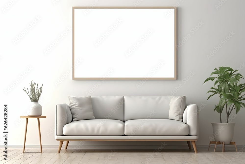 Photo Frame Mockup on the grey wall with grey modern sofa and decorative plant Photo Frame Mockup on the grey wall with grey modern sofa and decorative plant
