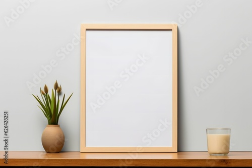 Wooden Photo Frame Mockup on the wooden table with plant on vase and grey wall background