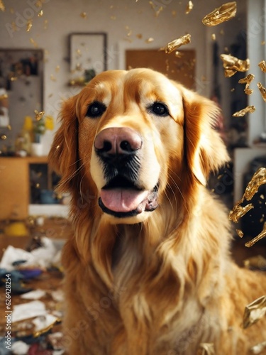 Chaos and Calm: A Golden Retriever Regal Pose Amidst AI-Generated Home Mayhem Portrait Pet Photography, Canine Majesty, Domestic Disorder, AI Artistry, Furry Friend in a Chaotic Setting