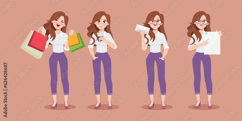 Collection of Businesswoman character pose in job working.