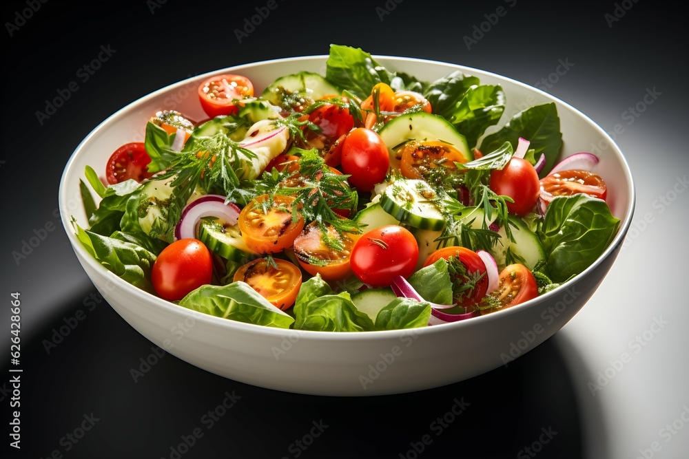 A colorful salad made with fresh greens, vibrant vegetables, and a variety of crunchy toppings. creates a refreshing and satisfying dish. it's a healthy and appetizing choice for any meal.2