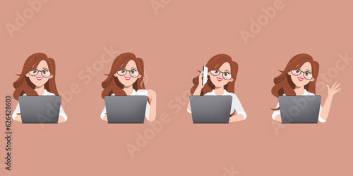 Collection of Businesswoman character pose in job working.