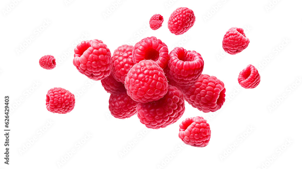 Set of raspberry floating isolated on white background, transparent ...