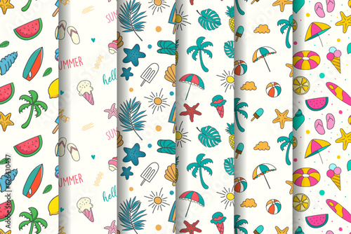 Summer patterns collection with colorful summer elements illustrations