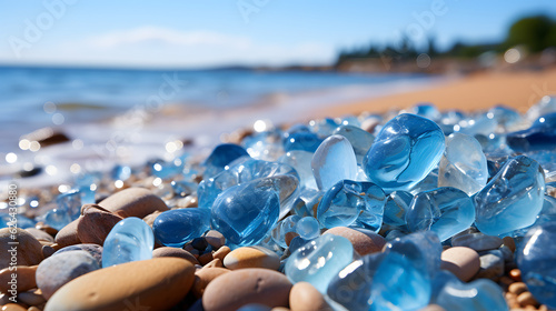 Stones on the beach, summer beach scene blurs blue sea with sandy shore - Generative AI.
