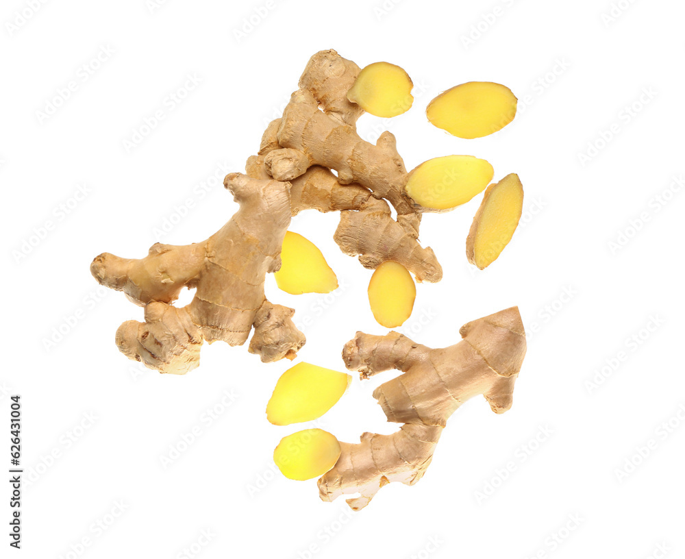 Fototapeta premium Fresh ginger root with sliced pieces isolated on white background, top view of raw organic spice ingredient for healthy cooking and herbal wellness