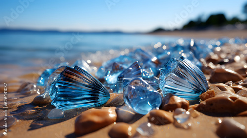 Seashell on the beach, summer beach scene blurs blue sea with sandy shore.