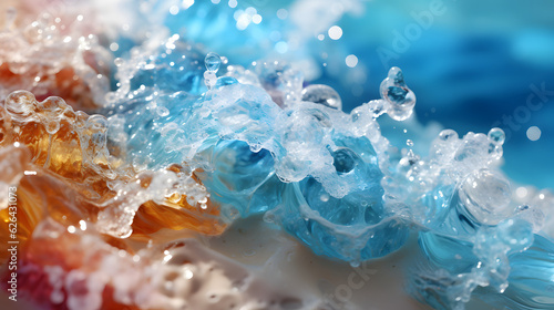 Summer beach scene blurs blue sea with sandy shore - Generative AI
