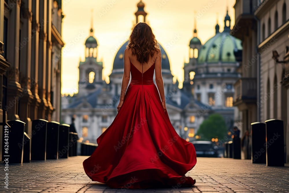A woman in a red dress walking through a city. 