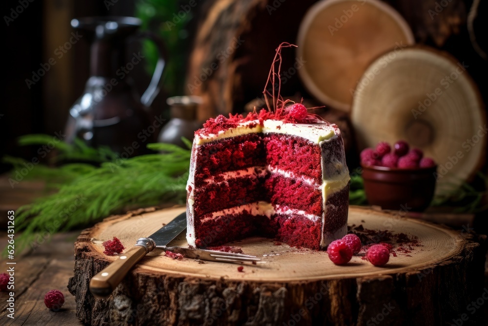 A red velvet cake on a rustic wooden table.