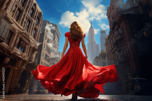 A woman in a red dress walking through a city. 