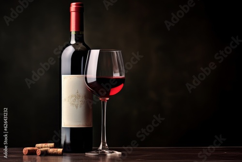 A red wine bottle with a glass filled beside it.