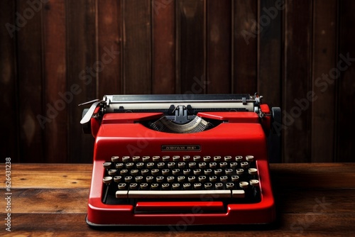 Nostalgic writing companion: Red vintage typewriter on a rustic wooden desk.
