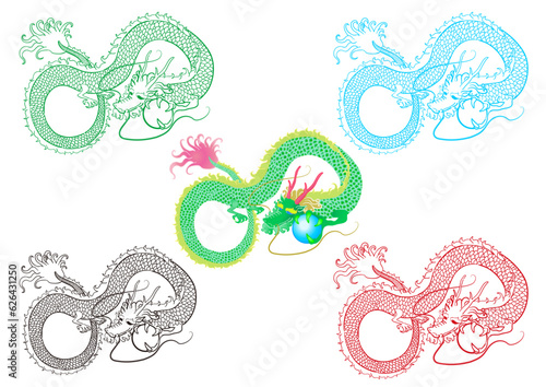 龍（辰）の玉を持っているベクターイラストセット