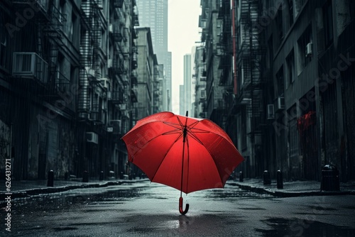 A red umbrella on a rainy day in the city. 