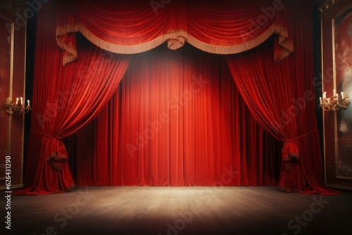 A red theater curtain on a stage. 