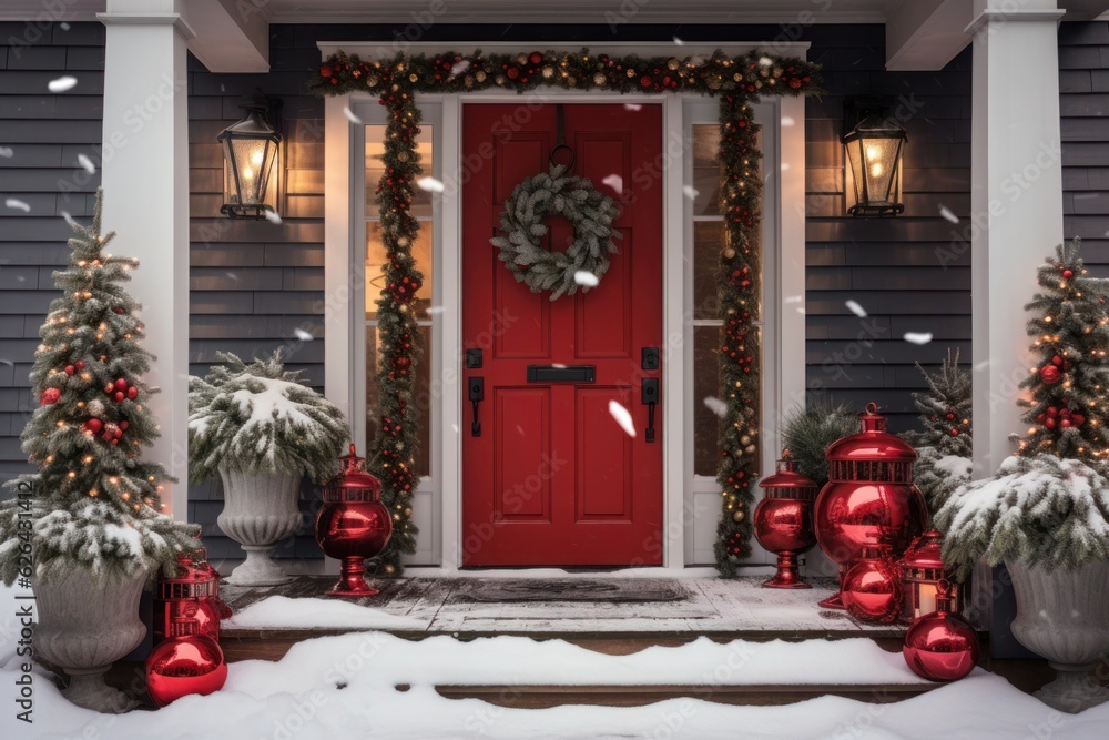 Cheerful holiday welcome: Red front door adorned with festive Christmas wreath. Cheerful holiday welcome: Red front door adorned with festive Christmas wreath.