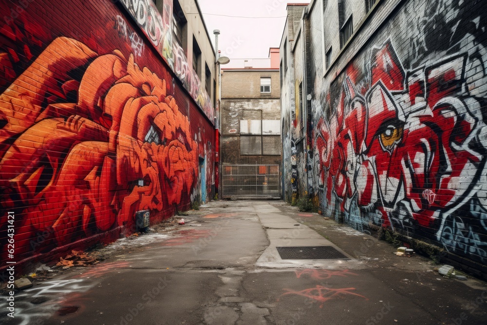 Fototapeta premium A red graffiti wall in an urban setting. 