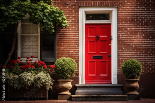 A red door on a traditional brick house. 