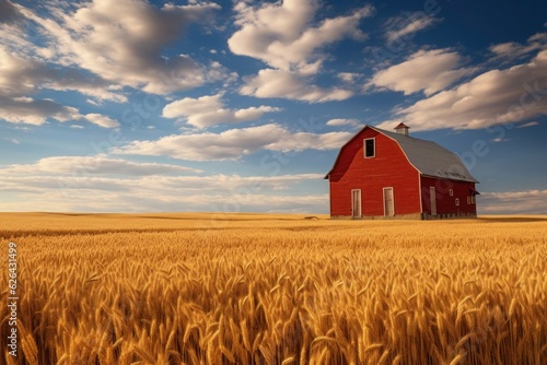 Idyllic countryside charm: Red barn nestled amidst a golden wheat field.