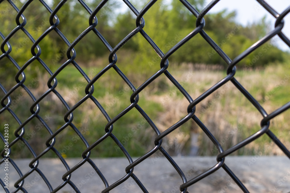 Fototapeta premium Black metal fence - green brown field in background - blurred background. Taken in Toronto, Canada.