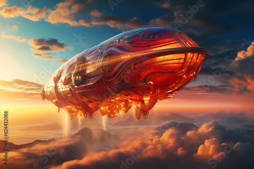 futuristic large airship over clouds near sunset