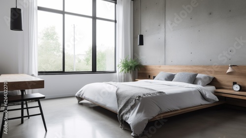 Bedroom decor, home interior design . Minimalist Scandinavian style with Large Window decorated with Concrete and Wood material . Generative AI AIG26. photo