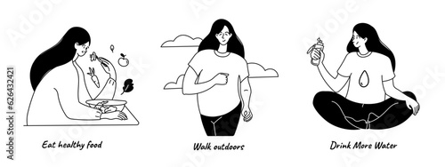 Woman healthy lifestyle black and white doodle vector illustrations set. A girl Walking, eating healthy food and drinking water outline drawing.  