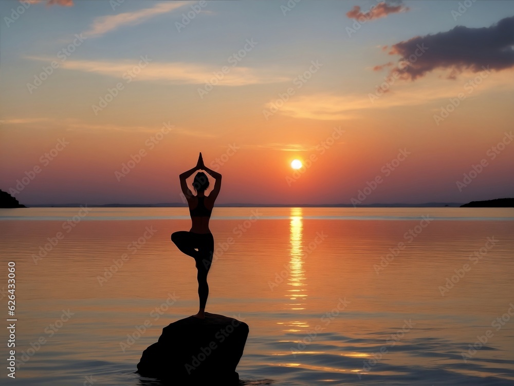 Silhouette of Girl in Yoga Pose on Rock at Sunset Over Body of Water