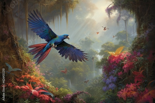 Exotic birds in flight and color display. ????, generative IA