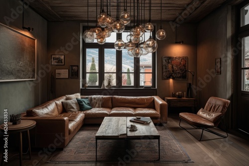 Rustic-modern setting with leather sofa, artwork and lovely garden., generative IA