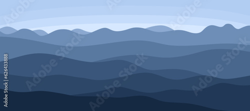 Vector illustration of dark blue mountain landscape. Sunrise and sunset in mountains, mysterious and panoramic landscape with fog in blue colors. Flat illustration for background, banner and poster.