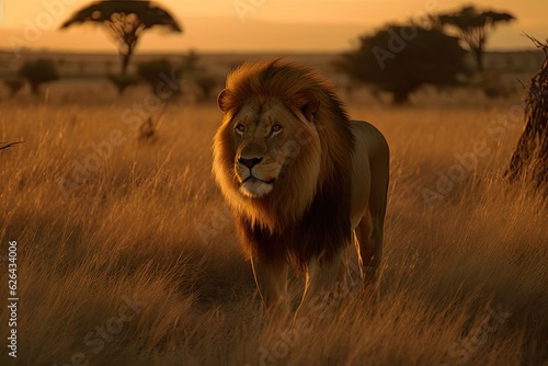 Majestic lion reigns on the golden savannah.  generative IA