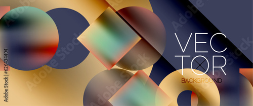 Squares and circles design. Fluid color gradients with metallic effects. Serene synergy of shapes, merging squares and circles into harmonious, captivating design