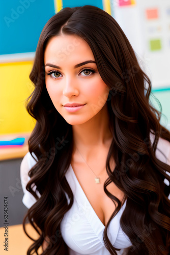 Portrait of young female teacher at desk looking to camera. A young teacher works at a school. Intern at school practice