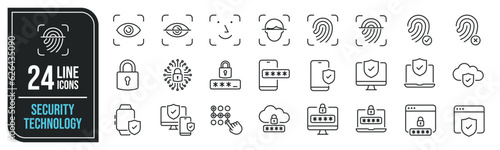 Security technology minimal thin line icons. Related fingerprint, eye security, face detection, password. Editable stroke. Vector illustration.