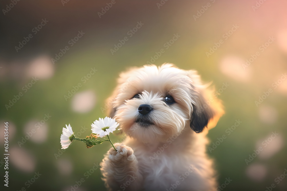 cute baby dog holding flower with bluer background. generative ai cute baby dog holding flower with bluer background. generative ai
